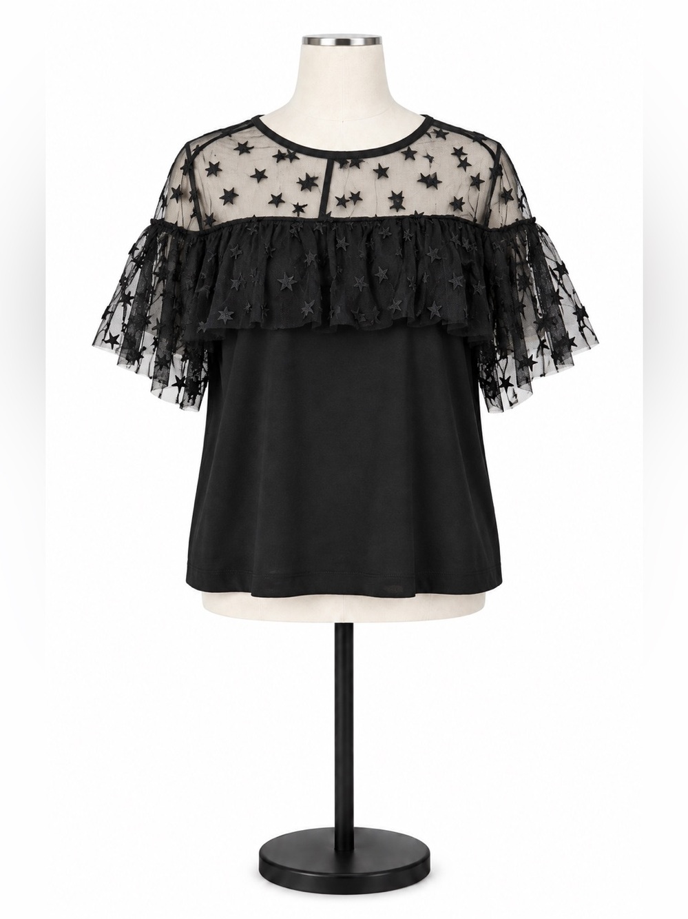 J.Crew Black Star Tulle Lace Ruffle Blouse Top NWT Size Large